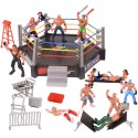 MINI ANEL DE WRESTLING COM 12 FIGURAS DE AÇÃO