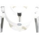 High toilet seat with armrests and tap.